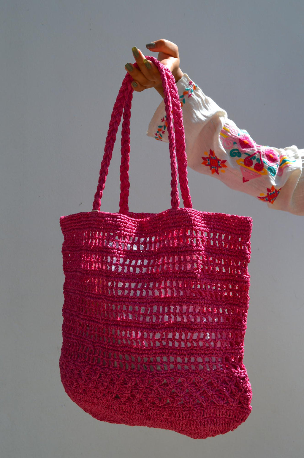 Indi & Cold Pink Fluorescent Raffia Bag - The Mercantile London