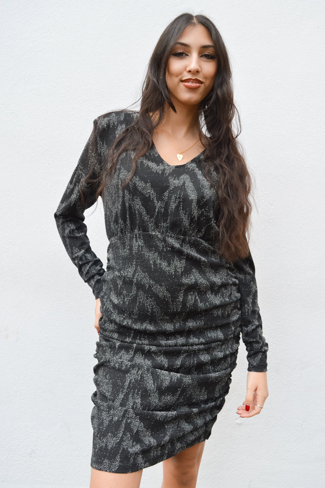 ICHI Jaida Black/Silver V Neck Dress - The Mercantile London