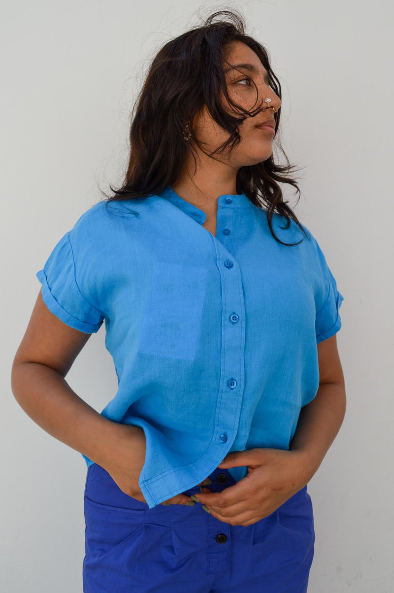 Knowledge Cotton Collar Linen Malibu Blue Shirt - The Mercantile London
