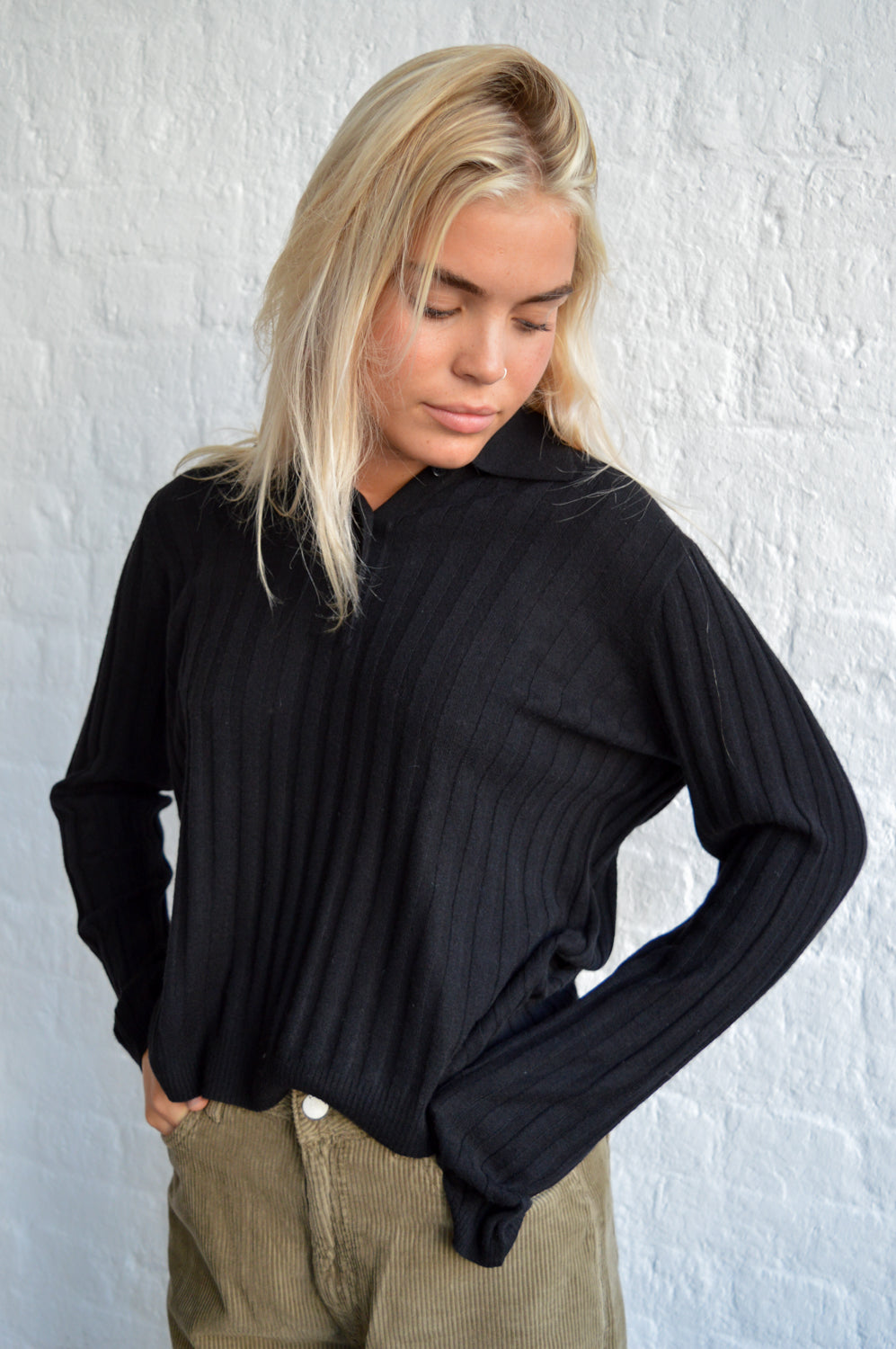 MBYM Idriana Black Knit Polo Top - The Mercantile London