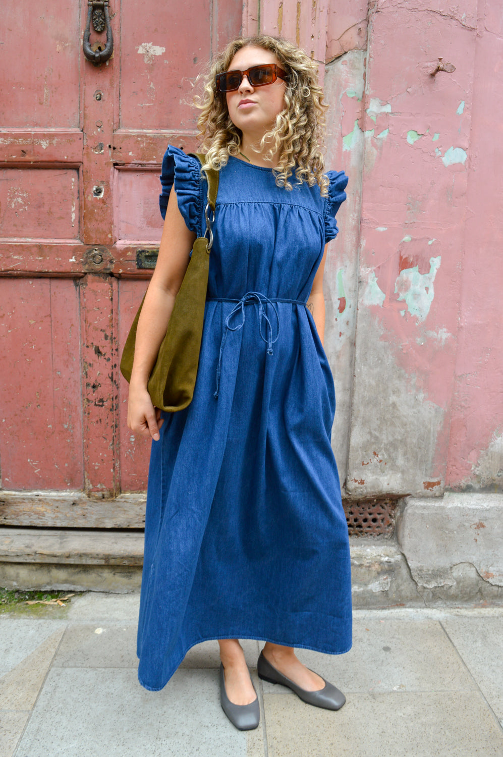 white christmas dresses Glassworks London Blue Denim Halter Neck Mini Dress main image 1