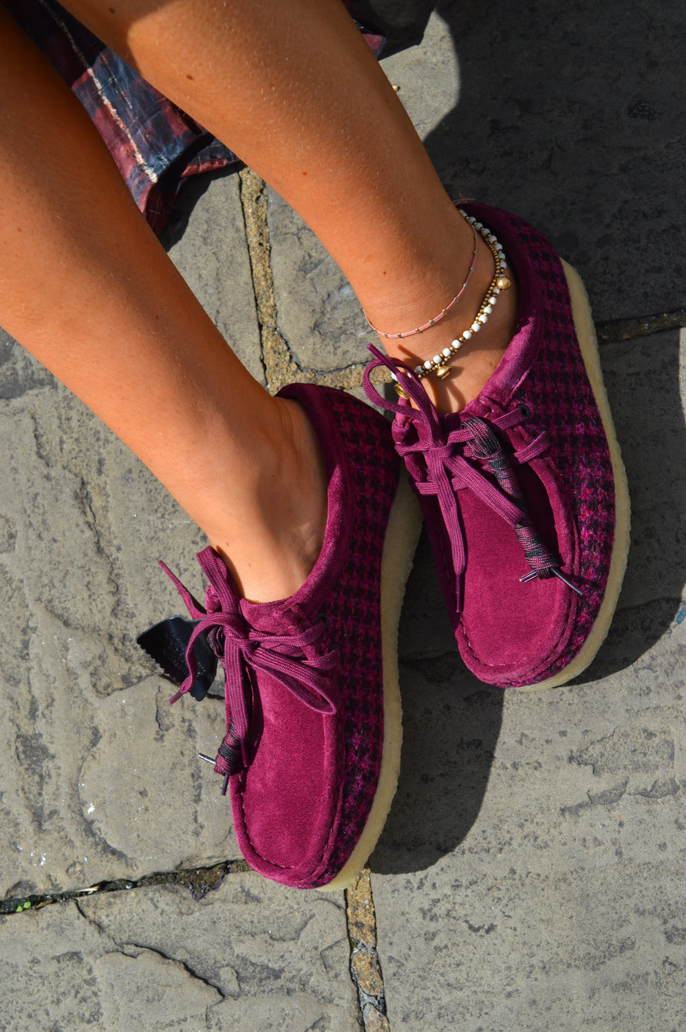 Clarks Plum Harris Tweed Wallabees - The Mercantile London