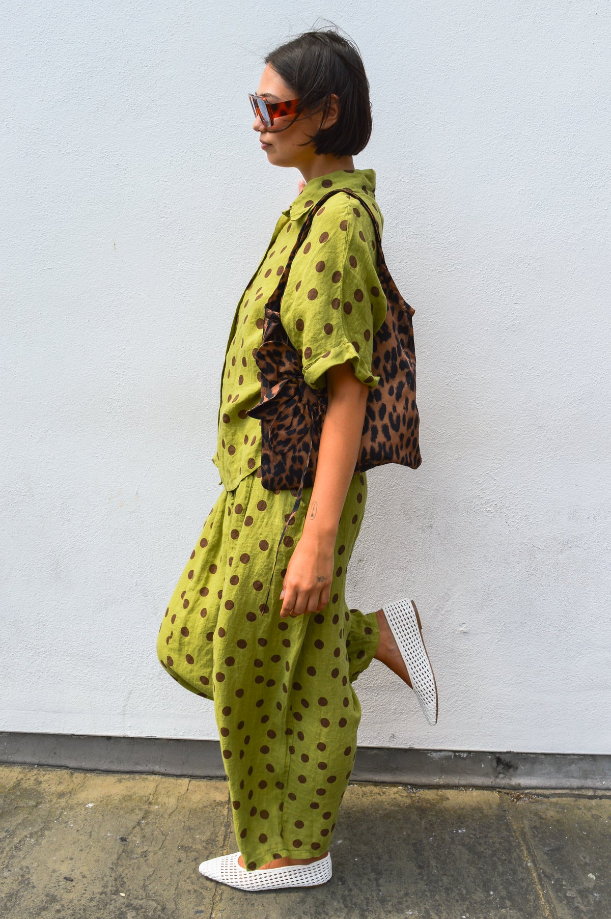 Linen & More Pistachio Polka Dot Blouse