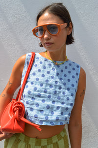 Linen & More Celeste Sky Blue Polka Dot Top