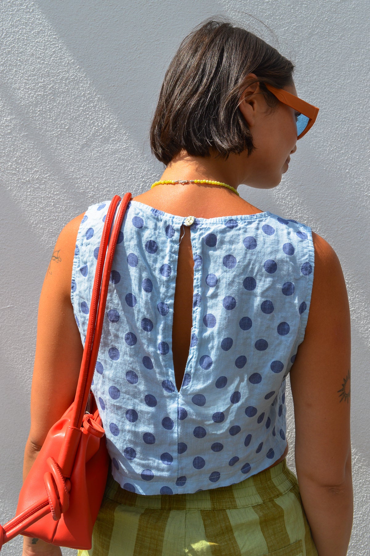 Linen & More Celeste Sky Blue Polka Dot Top