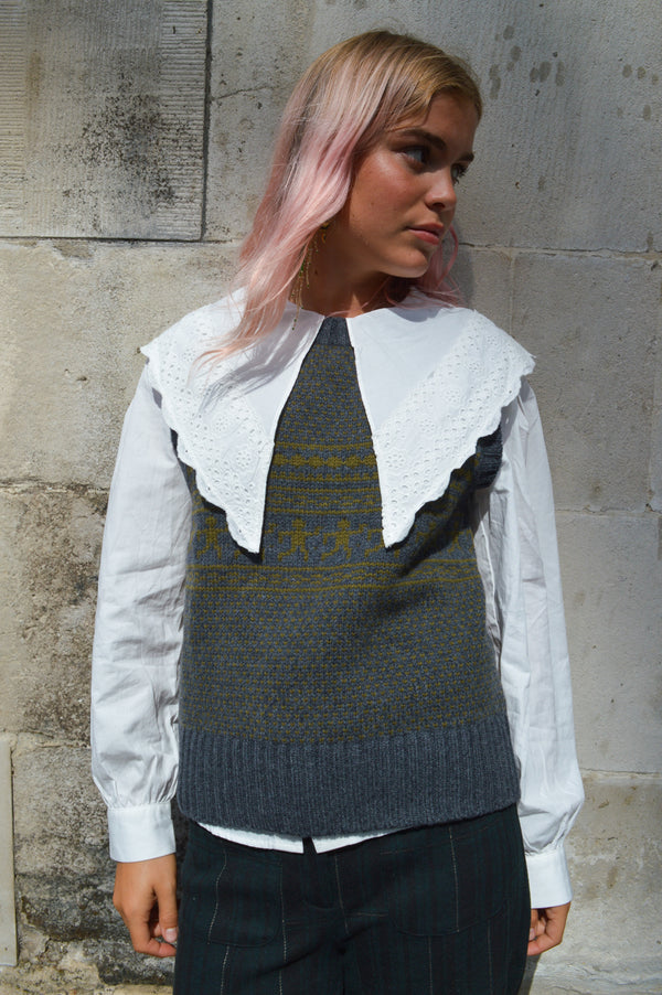 Soeur Namaste Grey & Olive Jacquard Sleeveless Jumper - The Mercantile London