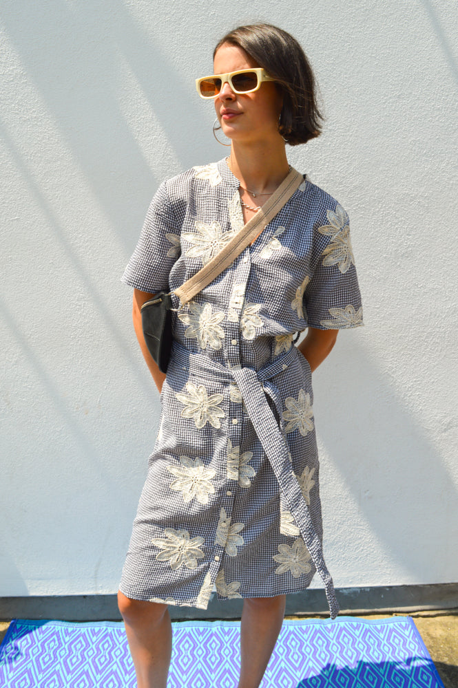 Object Penny Gingham Embroidered Midi Dress - The Mercantile London