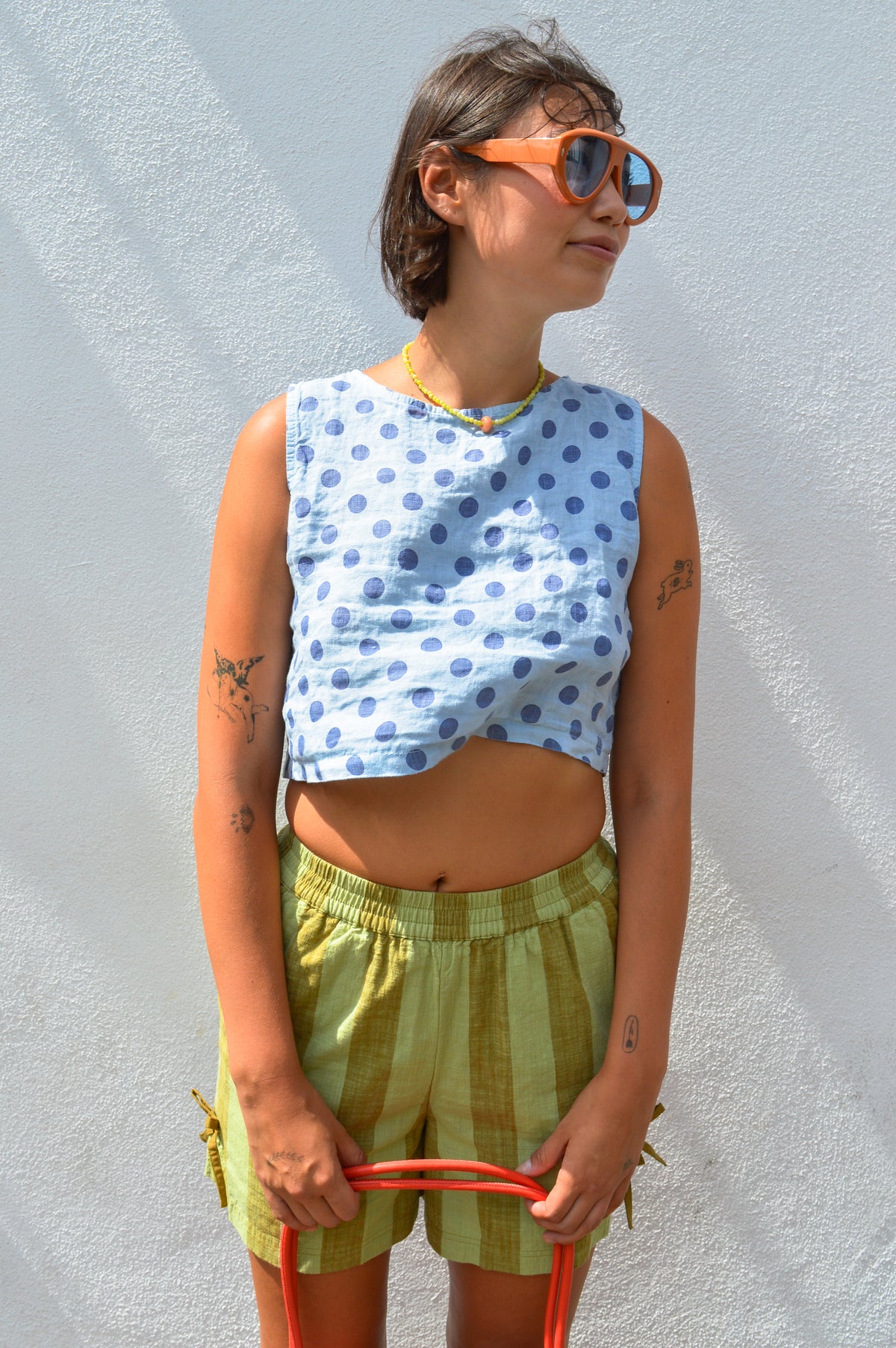 Linen & More Celeste Sky Blue Polka Dot Top