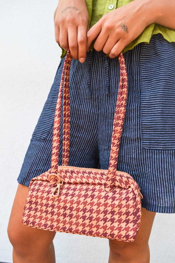 Baggu Tan Houndstooth Small Nylon Bowler Bag