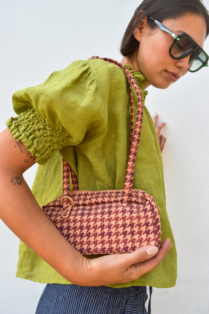 Baggu Tan Houndstooth Small Nylon Bowler Bag