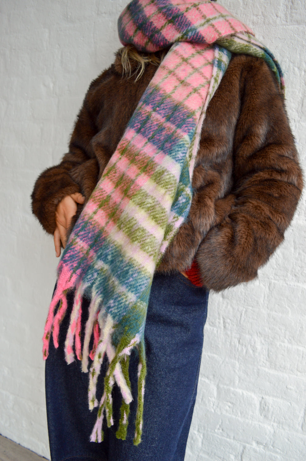 ICHI Laya Rifle Green And Rose Pink Scarf - The Mercantile London