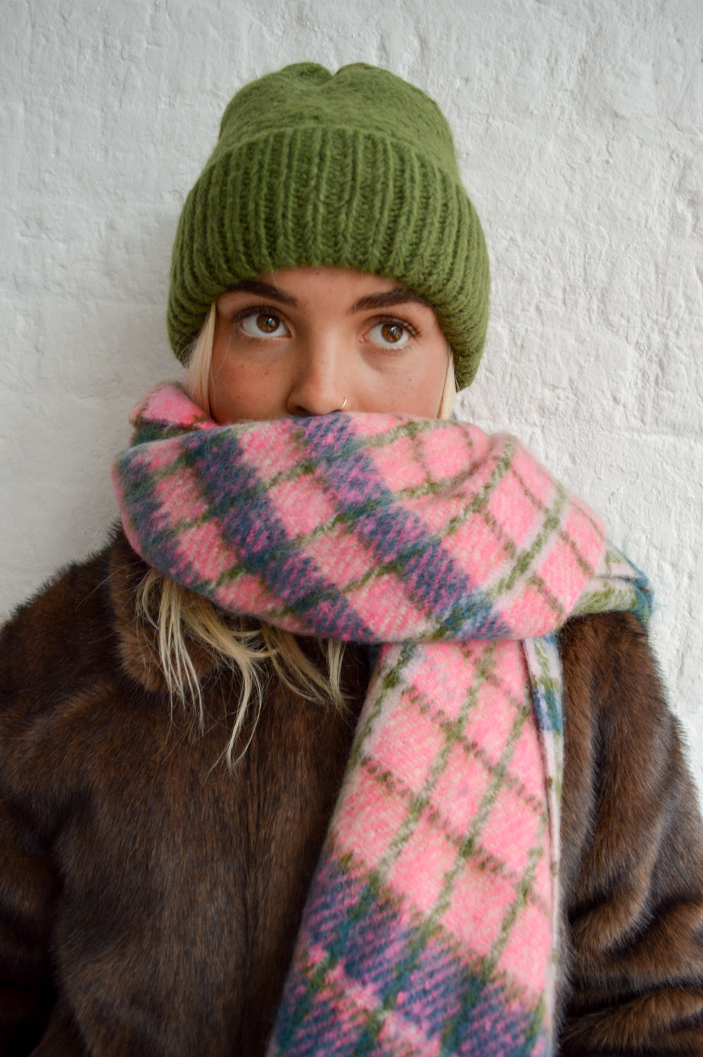 ICHI Laya Rifle Green And Rose Pink Scarf - The Mercantile London
