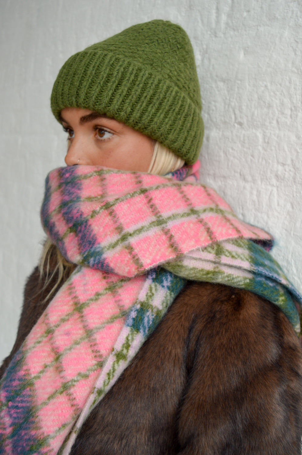 ICHI Laya Rifle Green And Rose Pink Scarf - The Mercantile London