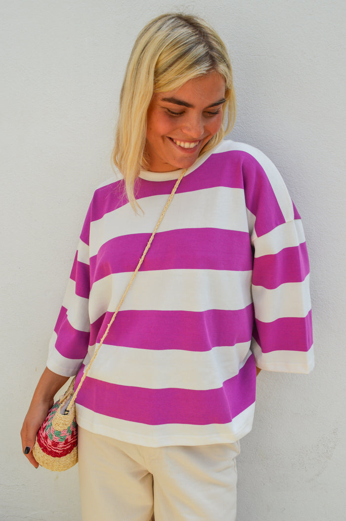 ICHI Mimsia Mauve & Cloud Dancer Striped Sweat T-Shirt