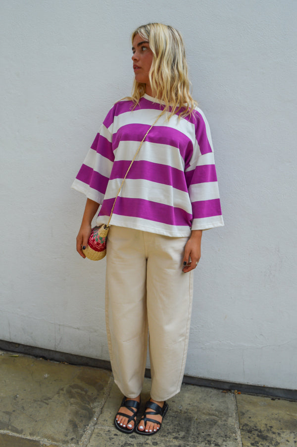 ICHI Mimsia Mauve & Cloud Dancer Striped Sweat T-Shirt
