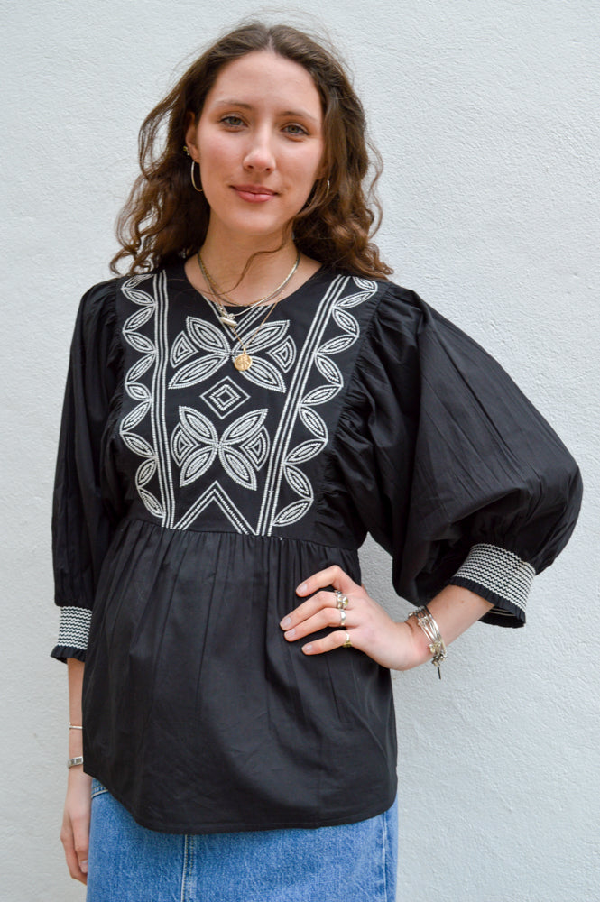 Object Jali Black & White Embroidered Top