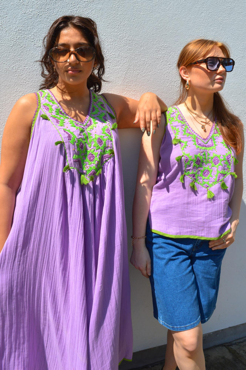Place du Soleil Lilac & Green Embroidery Dress