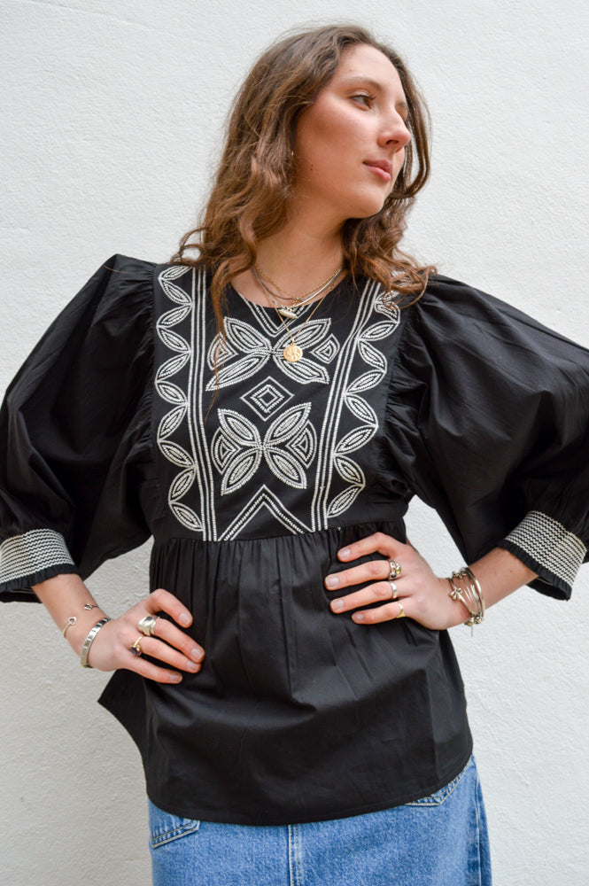 Object Jali Black & White Embroidered Top