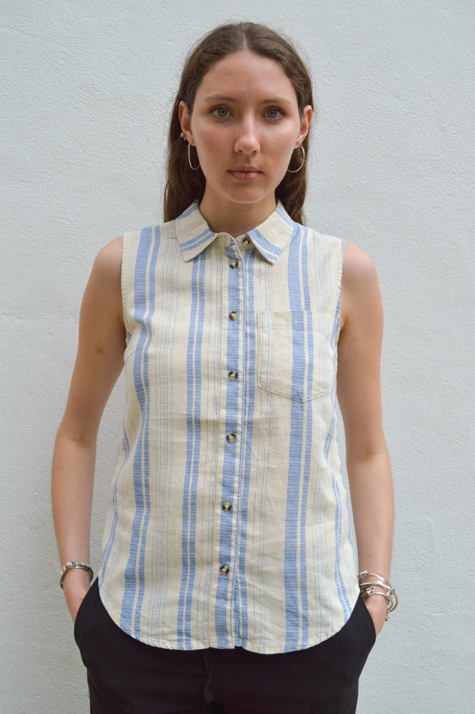 ICHI Lino Blue Stripe Shirt - The Mercantile London