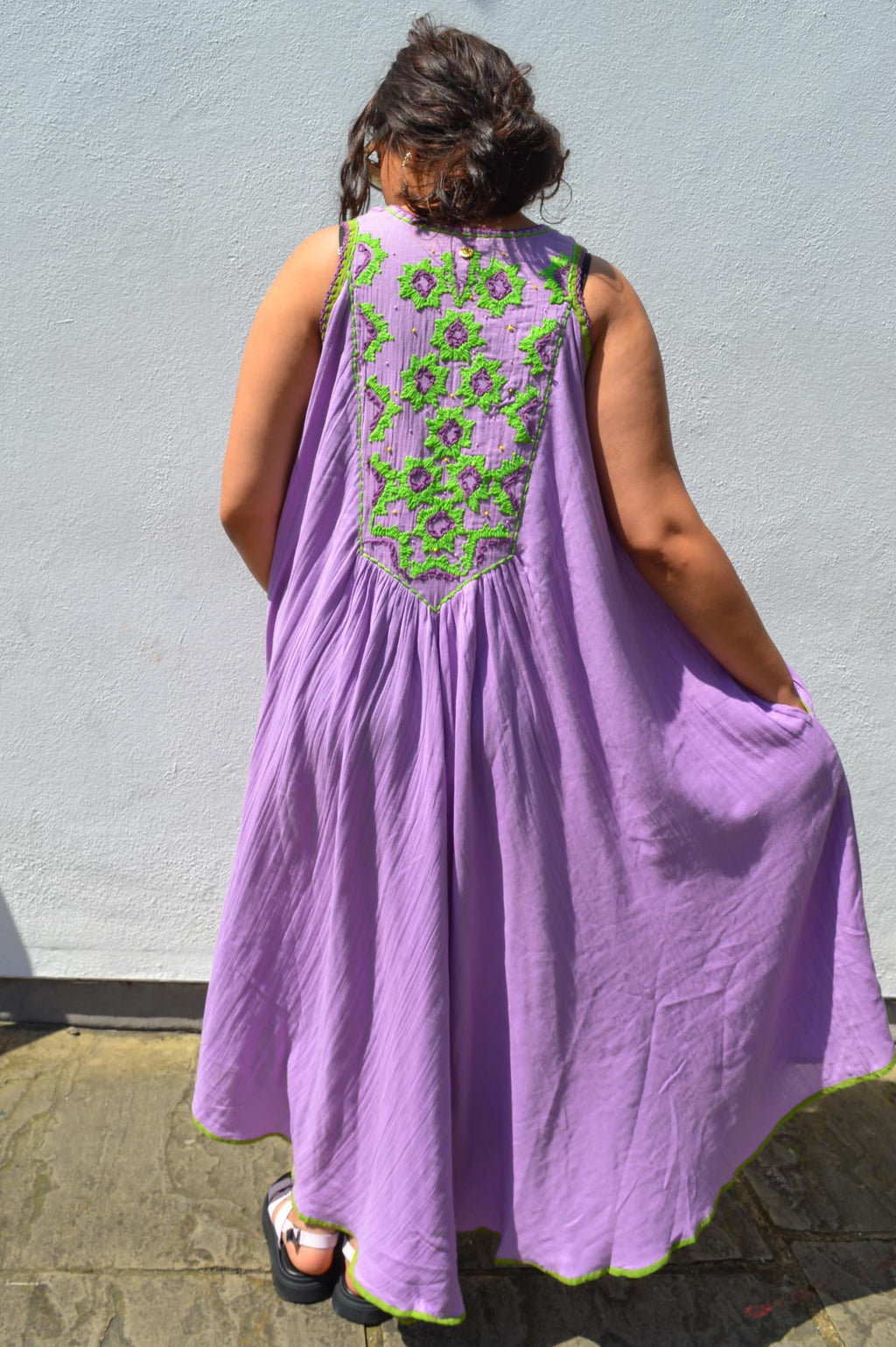 Place du Soleil Lilac & Green Embroidery Dress - The Mercantile London