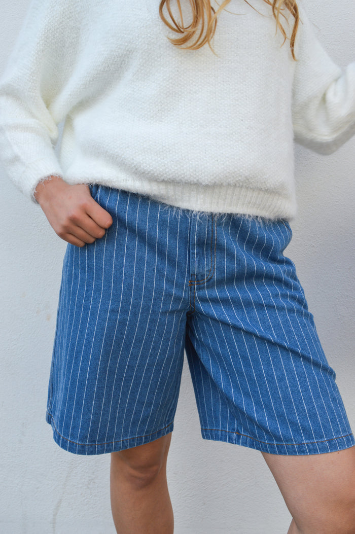 Numph Lucie Blue Denim Stripe Shorts - The Mercantile London