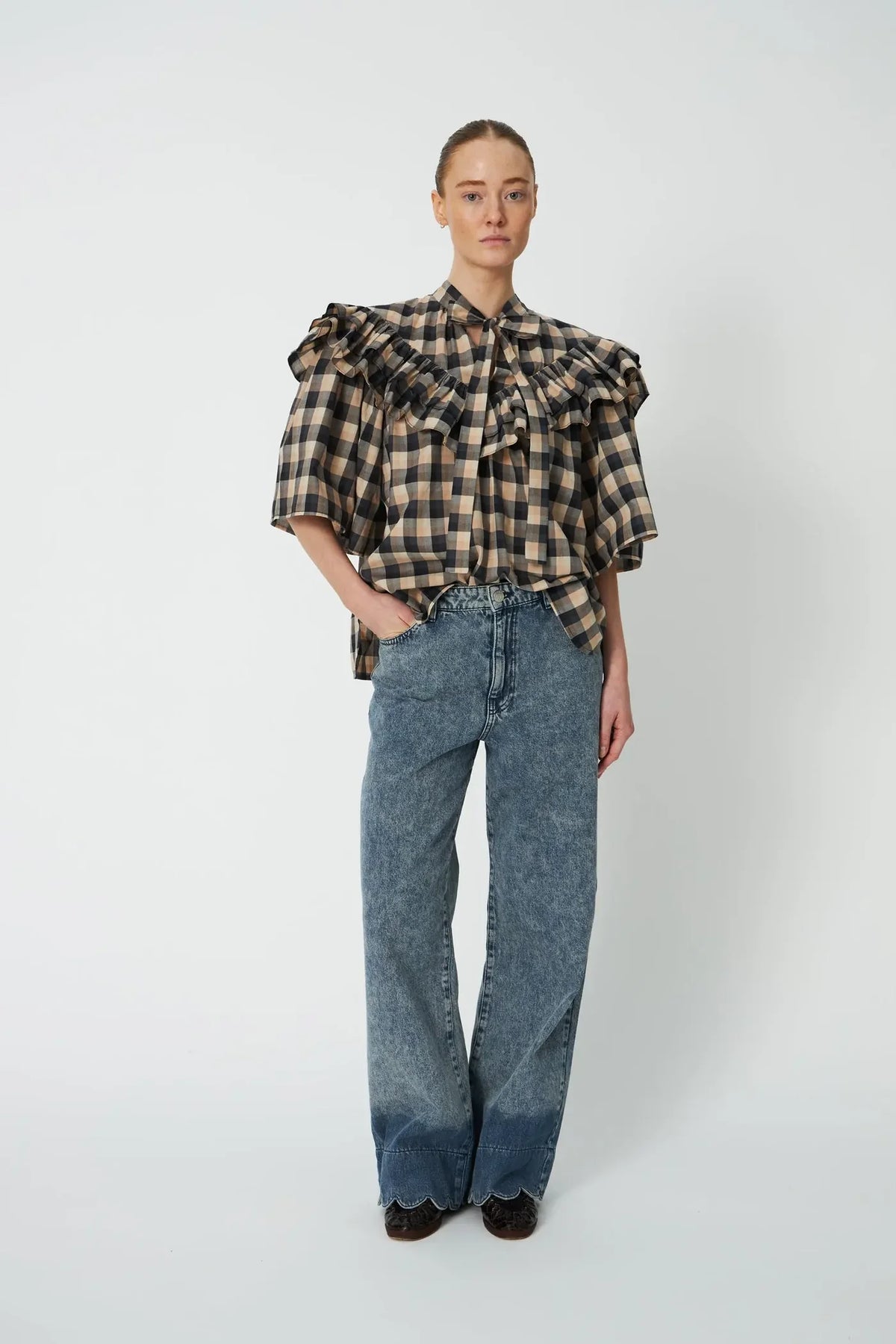 Stella Nova Frill Beige and Black Check Blouse