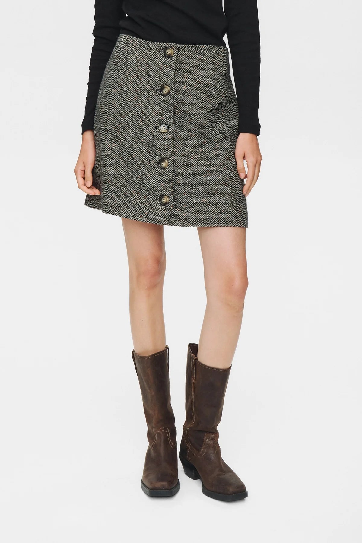Numph Avey Caviar Herringbone Mini Skirt - The Mercantile London