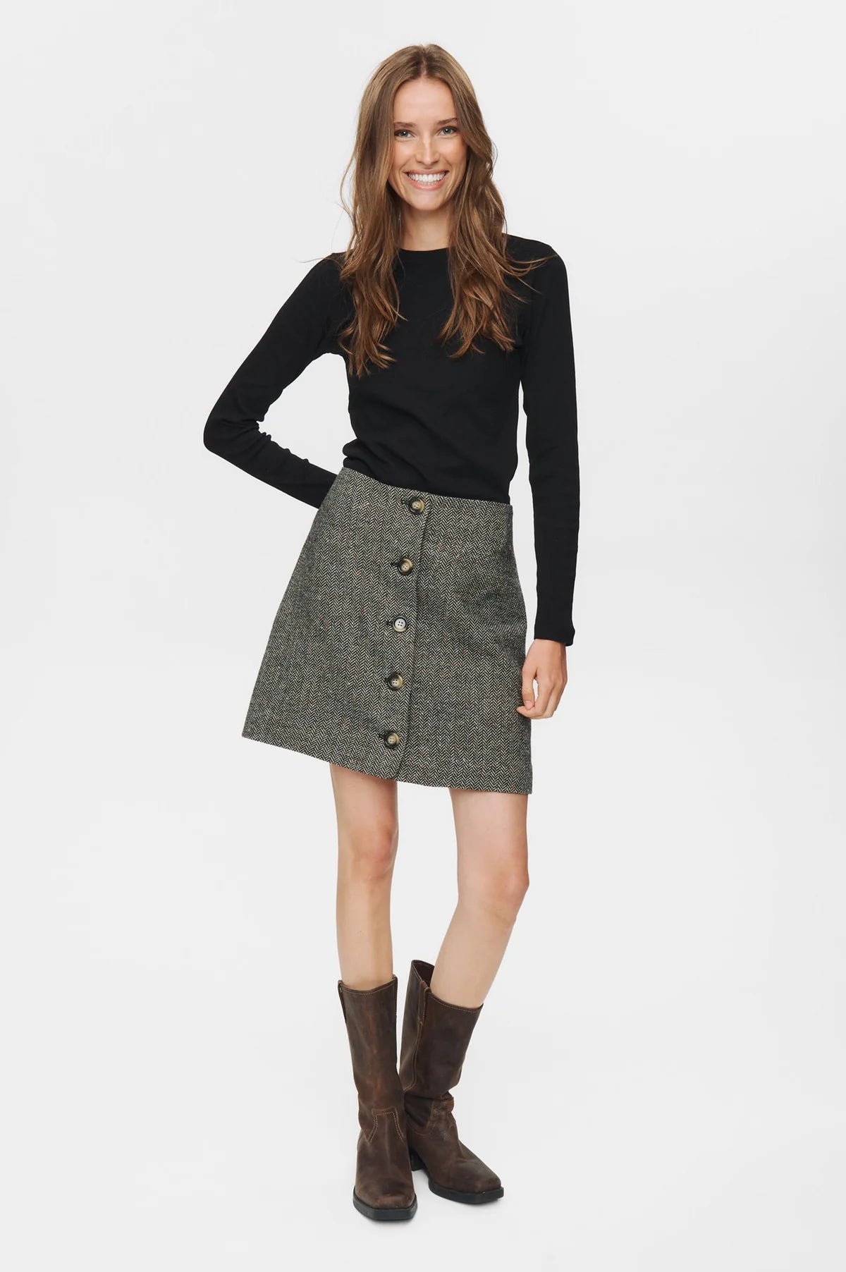 Numph Avey Caviar Herringbone Mini Skirt - The Mercantile London