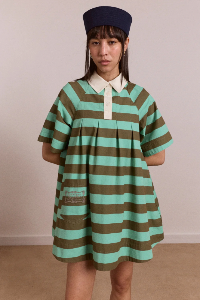 Damson Madder Maggie Aqua Olive Stripe Mini Polo Dress - The Mercantile London