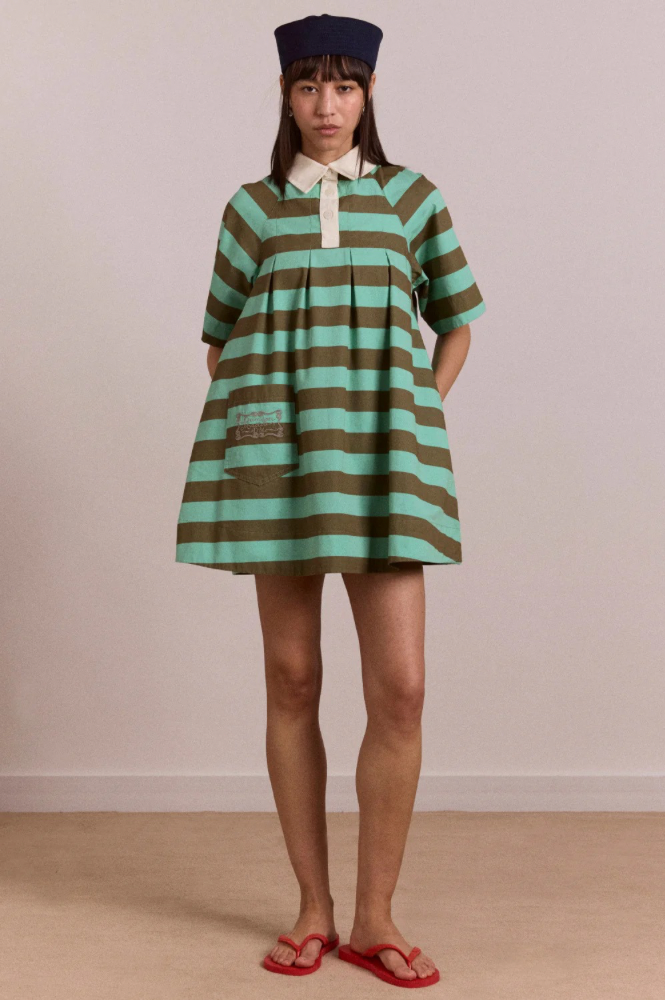 Damson Madder Maggie Aqua Olive Stripe Mini Polo Dress - The Mercantile London