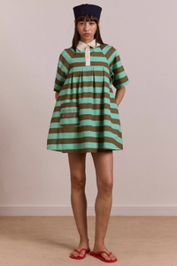 Damson Madder Maggie Aqua Olive Stripe Mini Polo Dress - The Mercantile London