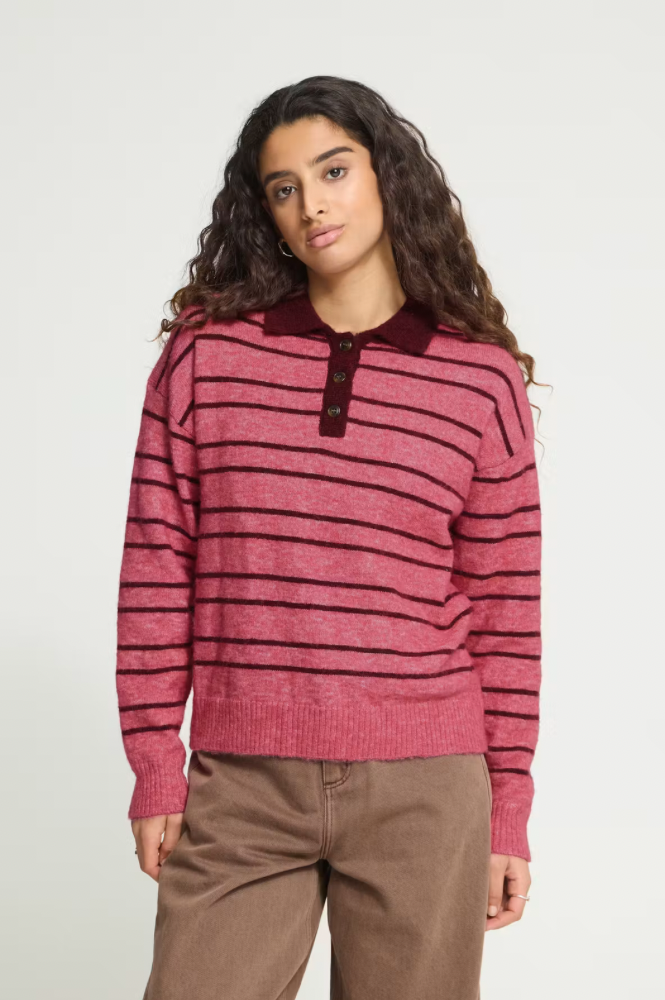 ICHI Sage Fruit Dove Stripe Knitted Polo