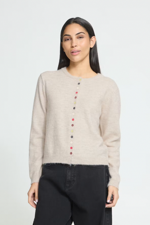 ICHI Fanny Birch Melange Button Detail Cardigan