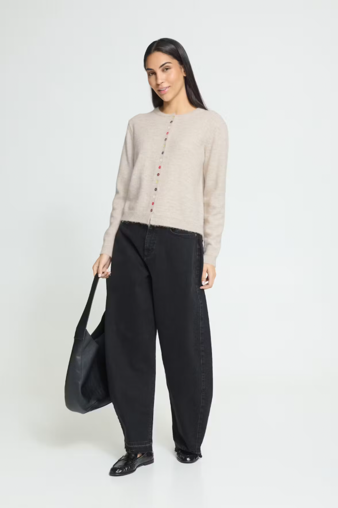 ICHI Fanny Birch Melange Button Detail Cardigan