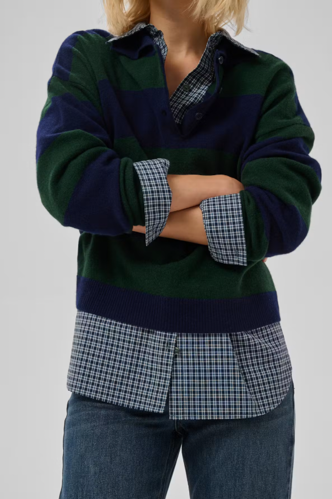 My Essential Wardrobe Jola Navy & Green Stripe Polo Jumper