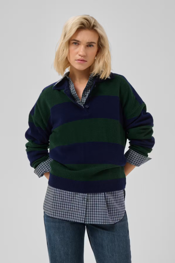My Essential Wardrobe Jola Navy & Green Stripe Polo Jumper