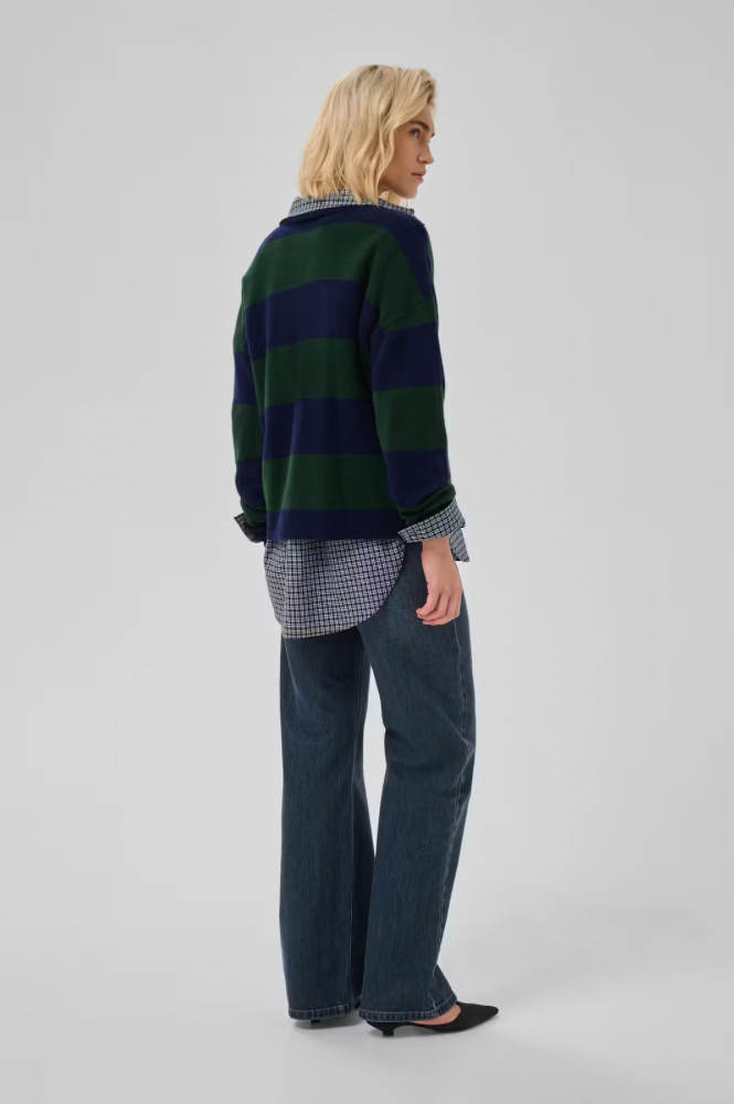 My Essential Wardrobe Jola Navy & Green Stripe Polo Jumper