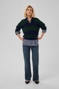 My Essential Wardrobe Jola Navy & Green Stripe Polo Jumper
