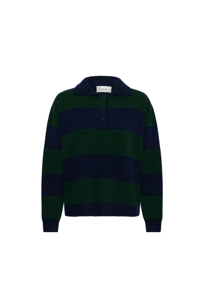 My Essential Wardrobe Jola Navy & Green Stripe Polo Jumper