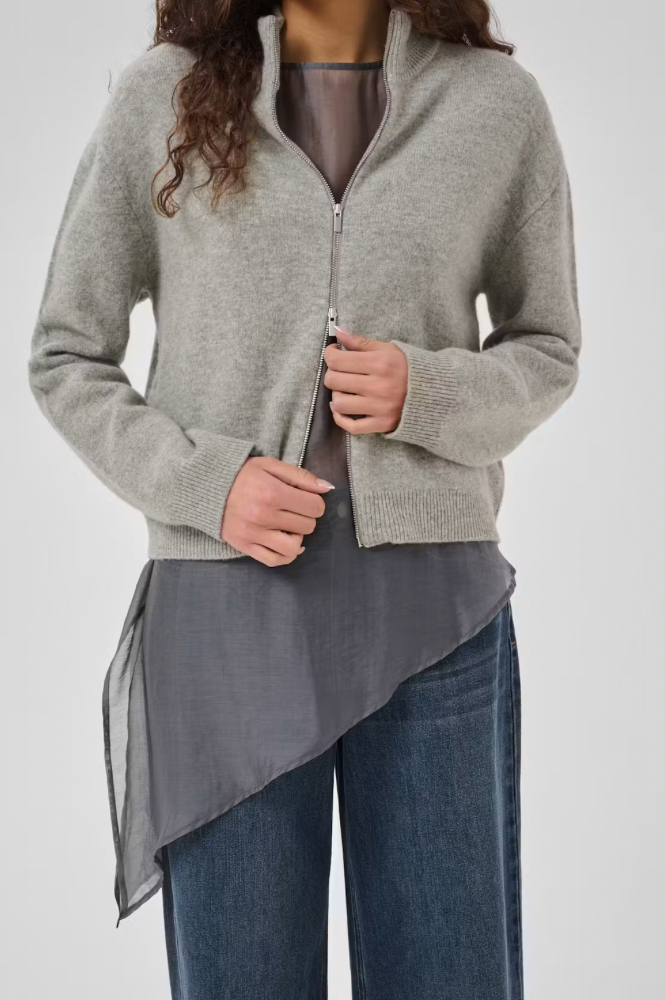 My Essential Wardrobe Tracy Light Grey Melange Zip-Up Cardigan