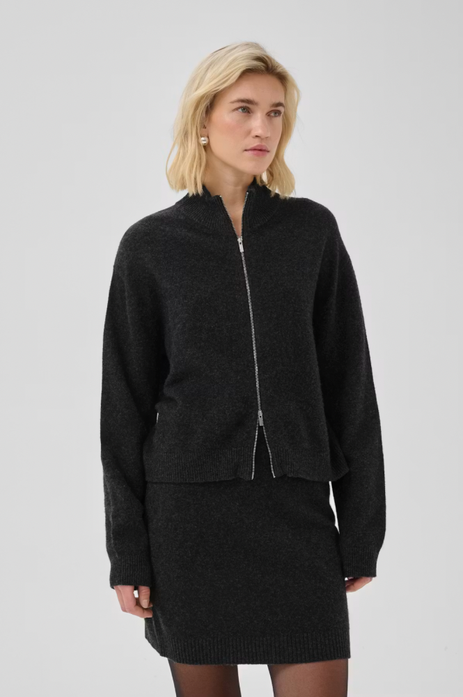 My Essential Wardrobe Tracy Dark Grey Melange Zip-Up Cardigan