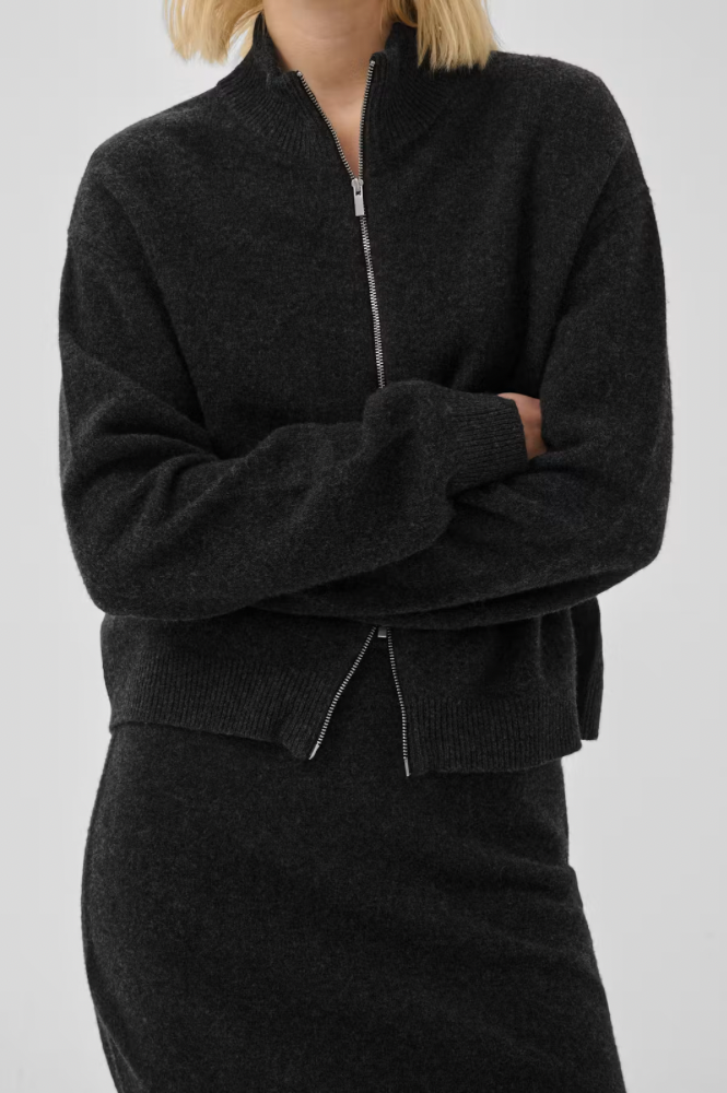 My Essential Wardrobe Tracy Dark Grey Melange Zip-Up Cardigan