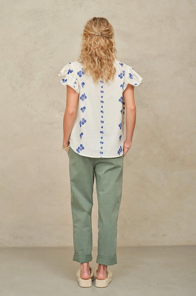M.A.B.E Iris Woven Frill Blue Blouse - The Mercantile London
