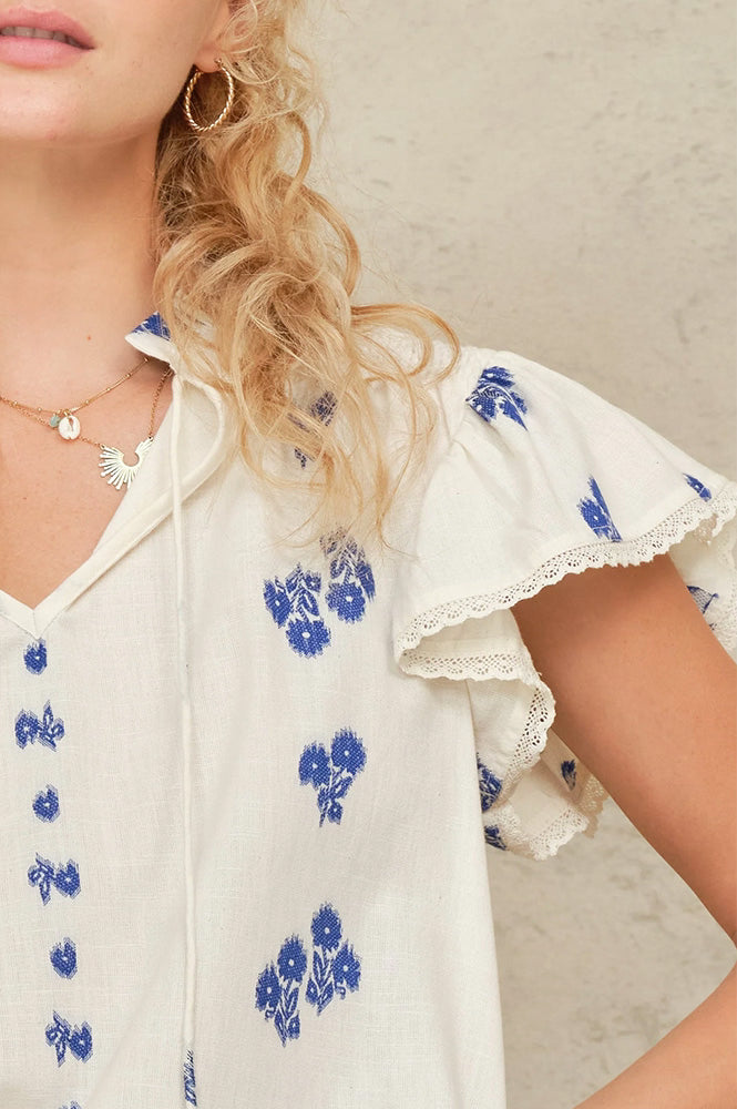 M.A.B.E Iris Woven Frill Blue Blouse - The Mercantile London