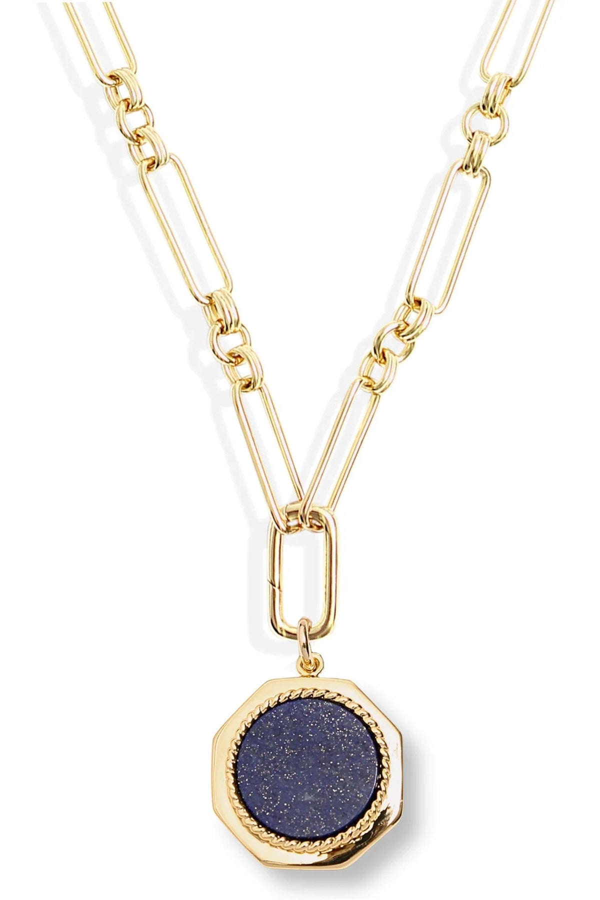Gold necklace with a blue pendant on a white background