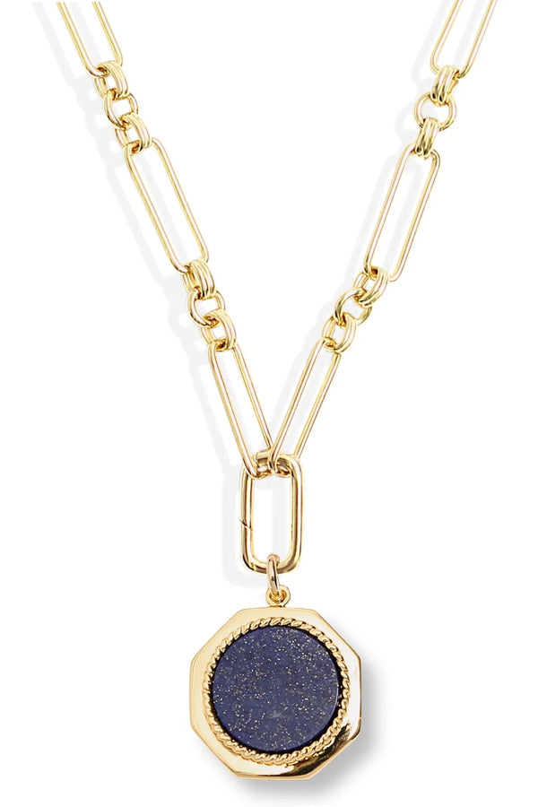 Gold necklace with a blue pendant on a white background