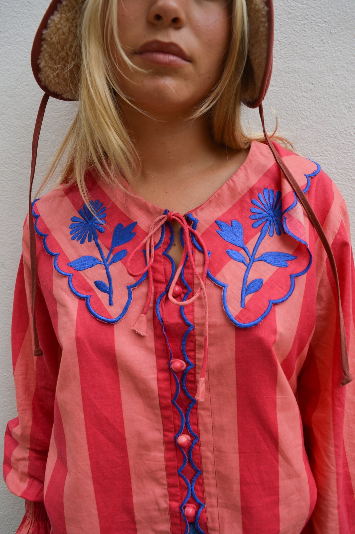 Echo of Pink Coral Striped Scallop Blouse