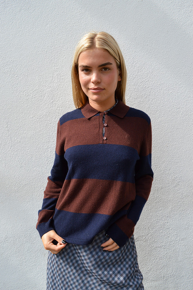 Yerse Chocolate Wide Striped Polo Knit