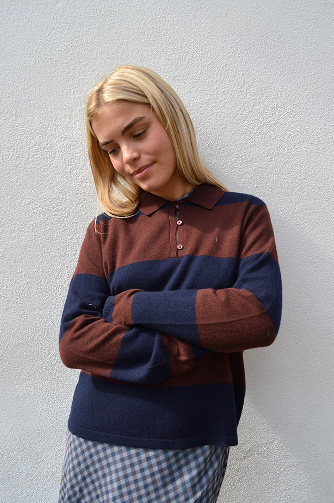 Yerse Chocolate Wide Striped Polo Knit