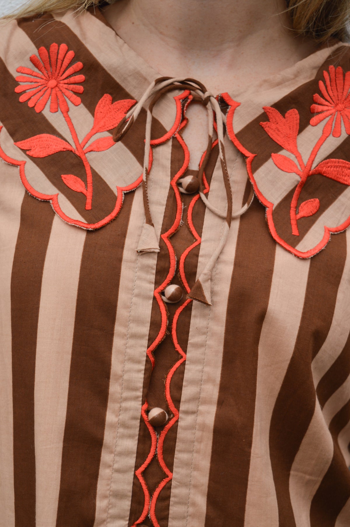 Echo of Pink Brown Striped Scallop Blouse